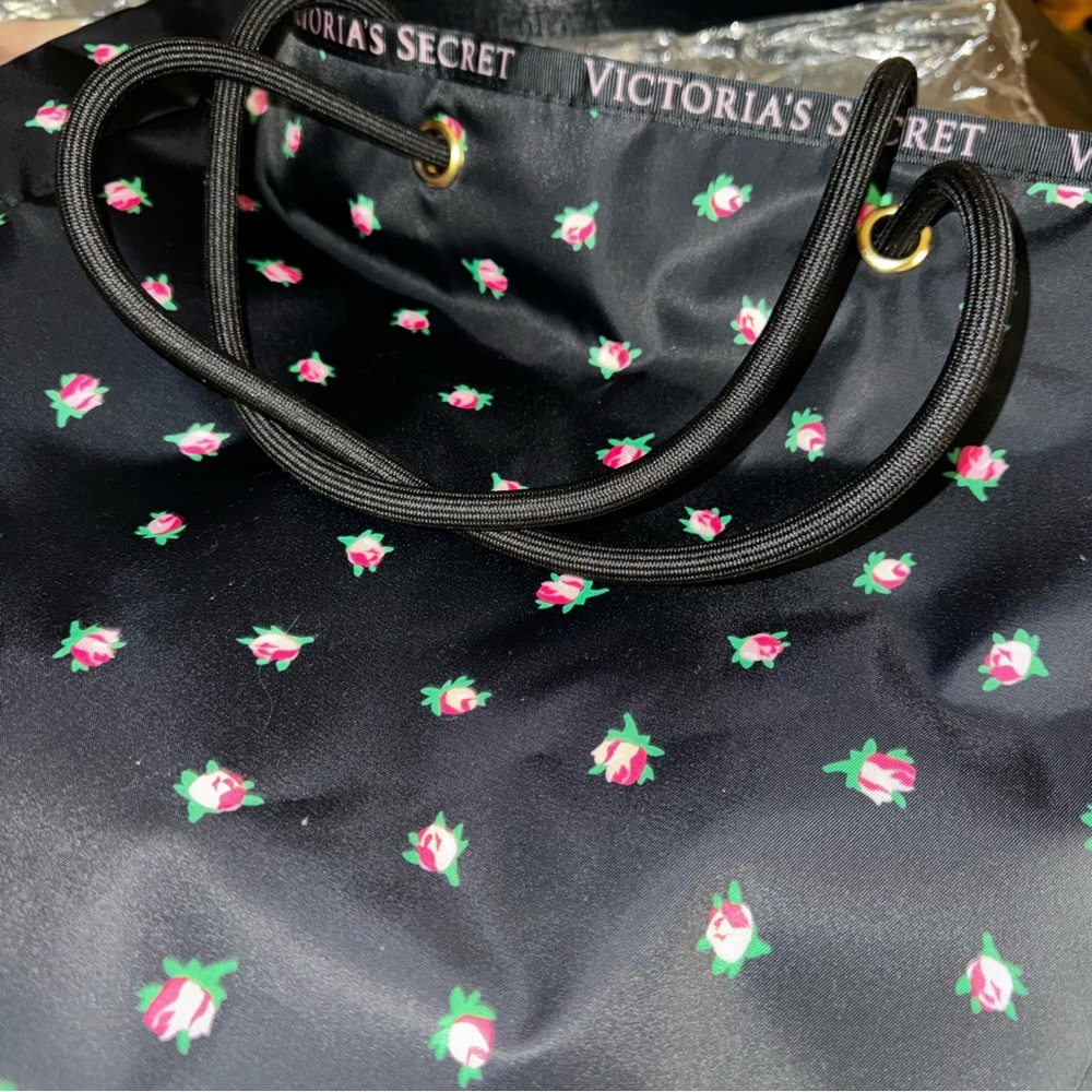 Victoria Secret NWTB Reversible Black Floral & Pink & Black Stripe Tote Bag